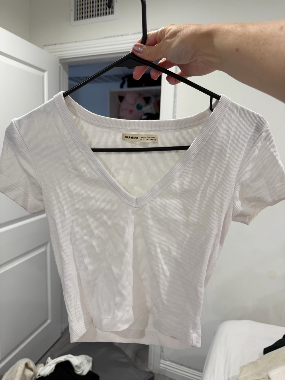Pull&Bear White Ribbed V-Neck Short Sleeve Tee